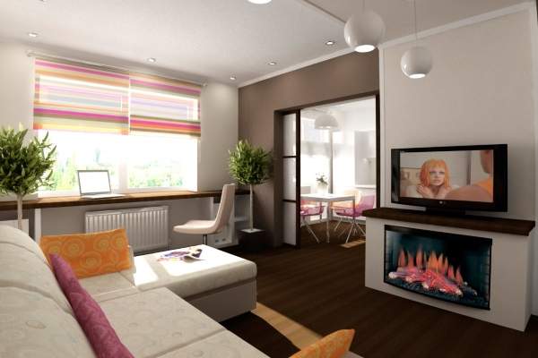Дизайн зала в квартире с камином и видом на кухню