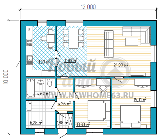 Планировка одноэтажного дома размером 10 на 12 метров с двумя спальными, отдельной кухней и гостиной