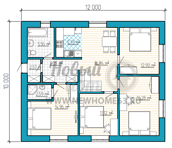 План одноэтажного загородного коттеджа 10 на 12 метров для большой семьи