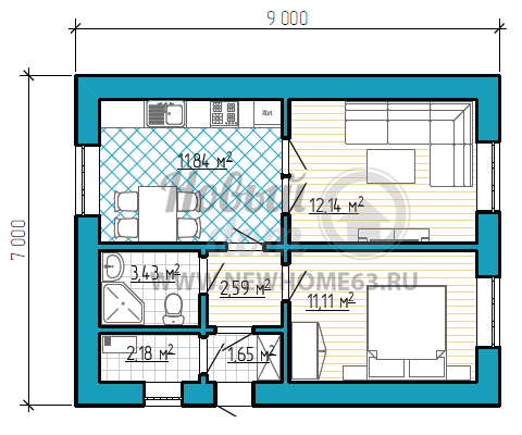 Планировка небольшого одноэтажного загородного дома площадью 50 квадратных метров