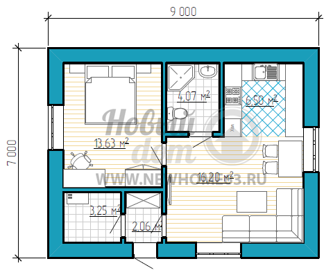 Планировка 1-этажного дома с двумя комнатами