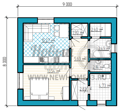 Планировка одноэтажного дома 8х9 м с одной спальной