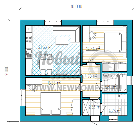 Планировка дома 9х10 м с двумя просторными спальными, общим большим пространством кухни и гостиной, что позволят собираться большому числу гостей.
