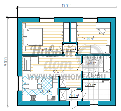 Планировка коттеджа площадью менее 100 квадратных метров с двумя раздельными спальными, небольшой зоной кухни, плавно перетекающей в гостиную, и просторной ванной.