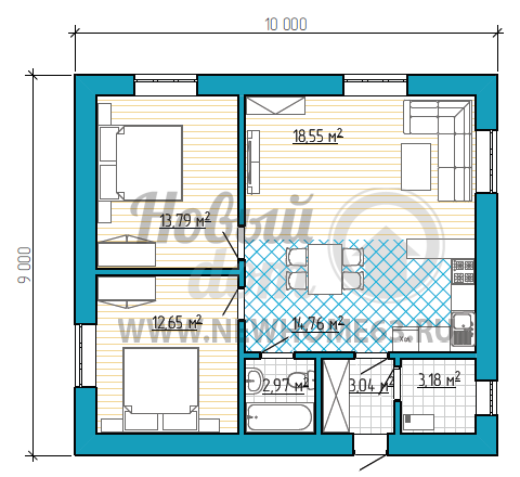 Планировка коттеджа 9х10 м с большим общим пространством, где расположена кухня, столовая и гостиная. 