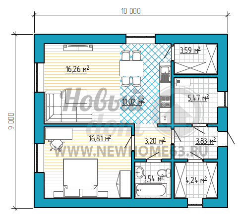 Планировка дома размером 9 на 10 метров с одной спальной комнатой, общей кухней-гостиной, с пристроенной небольшой кладовой.