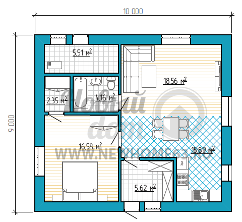 Планировка одноэтажного дома 9х10 м с большим тамбуром, просторная спальная со своим гардеробом, общая кухня-столовая-гостиная позволяет организовать прием большего числа гостей.