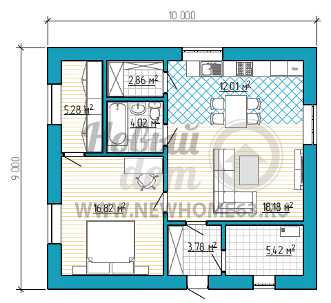 Планировка коттеджа размером 9 на 10, с общей зоной кухни и гостиной и одной просторной спальной, имеющей отдельную гардеробную