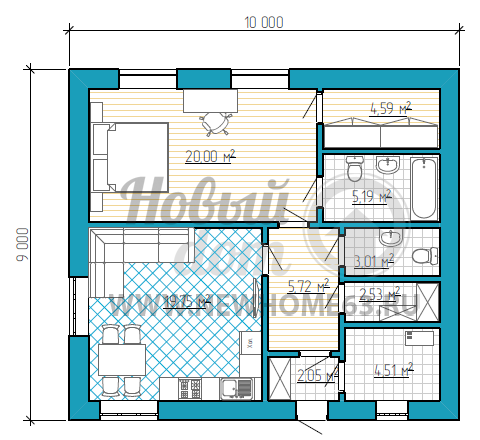 Планировка коттеджа 9х10 м с большой спальной с отдельным гардеробом, общей просторной кухни-гостиной, небольшой кладовой, гостевым туалетом и просторной ванной для хозяев.
