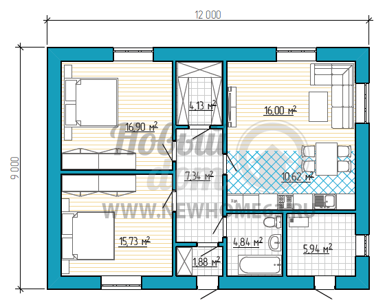 Планировка частного дома для проживания 3-5 человек имеет две спальные, просторную гостиную, объединенную с зоной кухни и столовой.