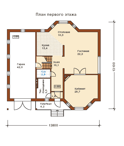 план 1-го этажа двуэтажного дома с двускатной крышей