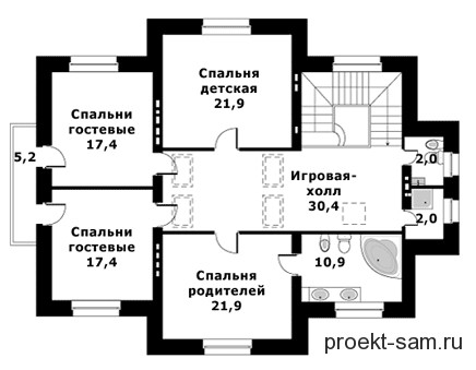 схема расположения спален на 2-м этаже в коттедже с бассейном