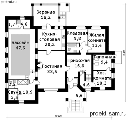 планировка 1-го этажа дома с бассейном и сауной