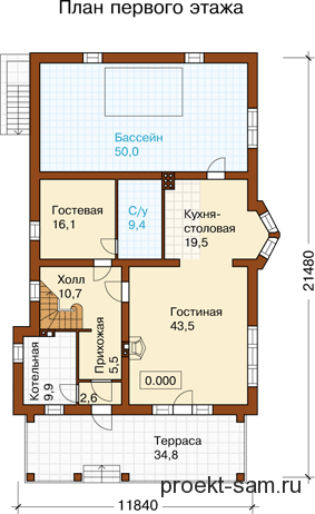 планировка 1-го этажа дома с бассейном и террасой