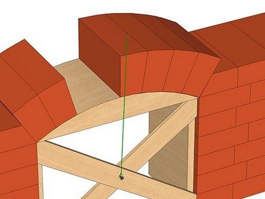 Все швы, между кирпичами, образующими арочный свод, должны «смотреть» в одну центральную точку, и это обязательно при кладке контролируется натянутой из этого центра ниткой