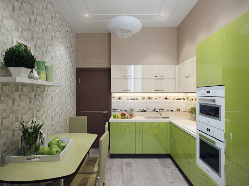 Бежевые обои для зеленой кухни - дизайн фото