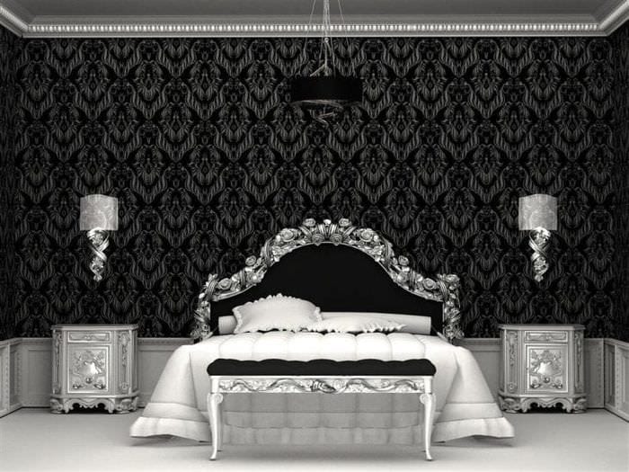черные обои в дизайне спальни в стиле футуризм